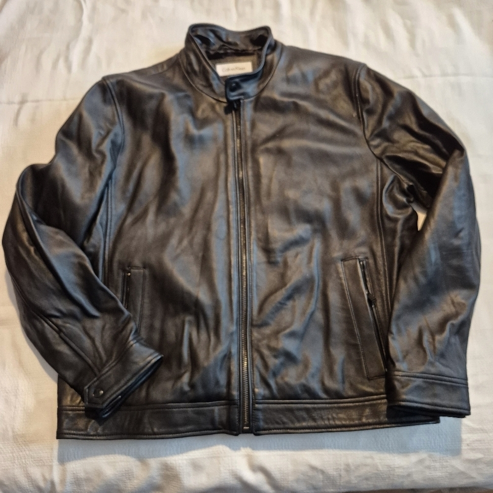 Calvin Klein men's XL Black leather jacket GUC couple marks pictured